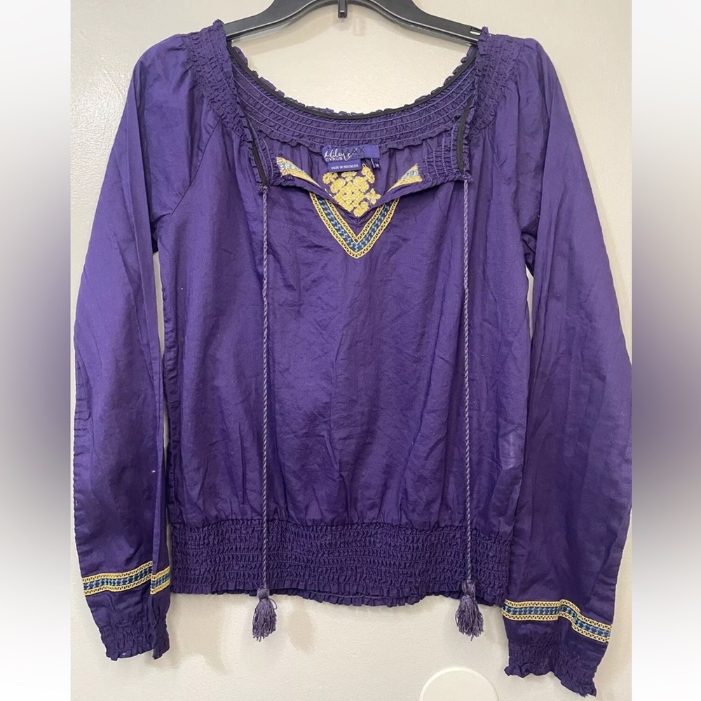4/$20 miley cyrus max azria shirt women’s large purple sheer tassels